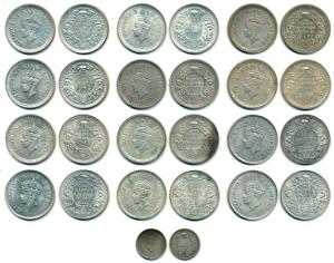 George VI, Silver Rupee, 1940, 1941 (3), 1942 (3), 1944 (3), 1945 (2); ¼ Rupee, 1945. Very
