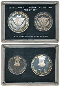 1974 Proof Set, Grow More Food, set of 2, Rupees 10 and 50. In plastic casing but without 