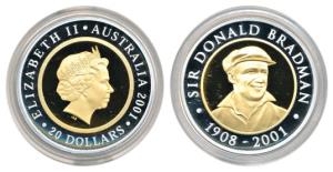 Australia, Sir Donald Bradman 1908-2001, $20 Bi-metal gold and silver, 2001, 8.4 g gold an