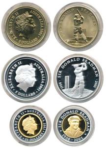Australia, Sir Donald Bradman, set of 3 Proof, Silver $5, 31.1g; Bi-metal Gold and Silver 