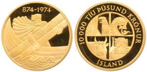 Iceland, Gold 10,000 Kroner, 15.42g, rev. Ingulfur Arnason getting ready to throw his home