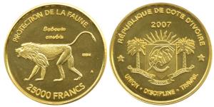 Ivory Coast, Gold 25,000 Francs, 8.48g, Wildlife Protection series, Olive baboon on rev., 