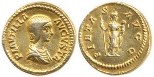 Roman Empire, Plautilla, Silver Denarius, 5.04g, contemporary Gold-gilt. Very Fine+, Rare.