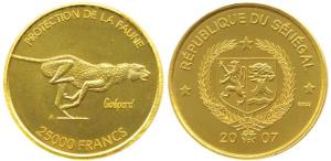 Senegal, Gold 25,000 Francs, 8.18g, 2007, Wildlife Protection Series, Cheetah sprinting to