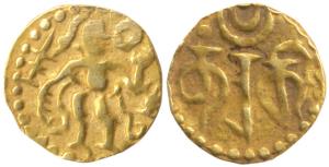 Sri Lanka, Chola Gold Fanam or 1/8 Pagoda, 0.53g, obv. king standing; rev. Nagari legend N