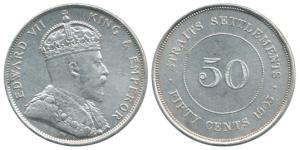 Strait Settlements, Edward VII, Silver 50 Cents, 1903. Very Fine+, Rare.