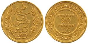 Tunisia, Gold 20 Francs, 6.4g, 1892, AH 1310 (KM 227). Extremely Fine.