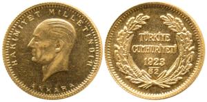 Turkey, Gold 100 Piasters, 7.14g, Ankara, 1923, .917 fine (KM 102). Extremely Fine.