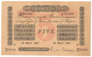 Government of India, Uniface, Rupees 5, red under print, Calcutta Circle, signed R. W. Gil