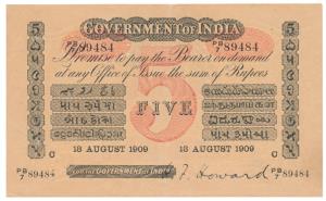 Government of India, Uniface, Rupees 5, red under print, Calcutta Circle, signed H. F. How