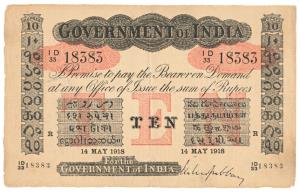 Government of India, Uniface, Rupees 10, red under print, Rangoon Circle, signed M. M. S. 