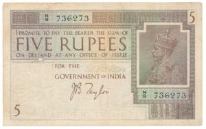 George V, Rupees 5, 1st issue, 1925, signed J. B. Taylor, (J&R 4.2). Very Fine+.