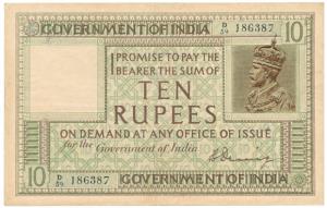 George V, Rupees 10, 1st issue, 1925, signed H. Denning, (J&R 6B.1) prefix not recorded in