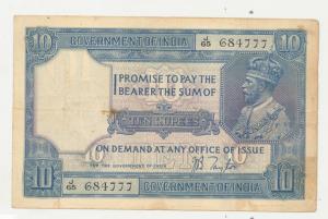 George V, Rupees 10, 2nd issue, 1926, signed J. B. Taylor, (J&R 7.2). Fine, Scarce.