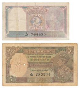 George VI, Rupees 2, 1944, signed C. D. Deshmukh; Rupees 5, 1st Issue, 1938, signed J. B. 