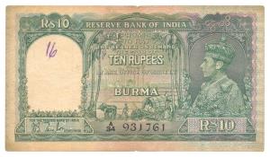Burma, George VI, Rupees 10, 1938, signed J. B. Taylor, green colour, (J&R 5.1). About Ver