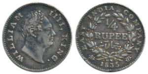 William IV, Silver ¼ Rupee, 1835, ’F’ incuse, 19 Berries with Large date numerals and dot 