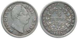 William IV, Silver ¼ Rupee, 1835, Dug out ’F’ incuse with dot after date, 18 Berries and l