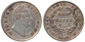 William IV, Silver ½ Rupee, 1835, ’F’ raised, 19 Berries. Very Fine+, Very Rare.