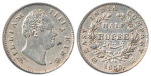 William IV, Silver ½ Rupee, 1835, ’F’ raised, 19 Berries. About Extremely Fine, Very Rare.