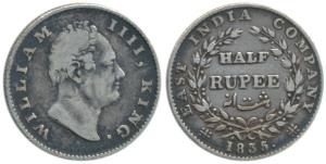 William IV, Silver ½ Rupee, 1835, ’F’ incuse, 20 Berries. Fine+, Very Rare.