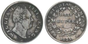 William IV, Silver ½ Rupee, 1835, ’F’ incuse, 19 Berries. Very Fine, Very Rare.