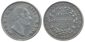 William IV, Silver ½ Rupee, 1835, ’F’ incuse, 20 Berries, Error, slightly double struck on