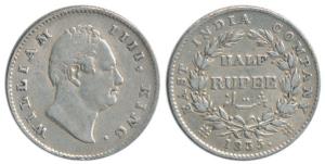 William IV, Silver ½ Rupee, 1835, RS incuse, 21 Berries. About Very Fine, Very Rare.