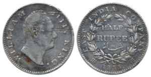 William IV, Silver ½ Rupee, 1835, ’F’ incuse, 21 Berries. Fine+, Very Rare.