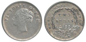 Victoria Queen, Silver 2 Annas, 1841, Madras Mint, continuous legend, English Head, ’S’ in