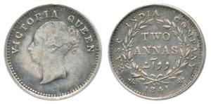 Victoria Queen, Silver 2 Annas, 1841, Madras Mint, continuous legend, English Head, ’S’ in