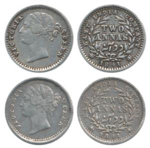Victoria Queen, Silver 2 Annas, 1841, Bombay Mint and Madras Mint, divided legend, WW rais