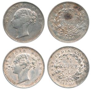 Victoria Queen, Silver ¼ Rupee, 1840, Calcutta Mint, continuous legend, English Head, 20 B