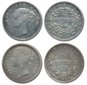 Victoria Queen, Silver ¼ Rupee, 1840, Madras Mint, continuous legend and divided legend. F