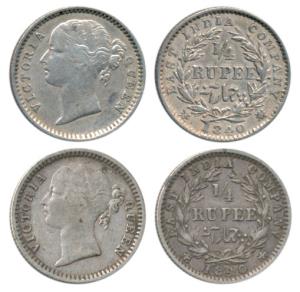 Victoria Queen, Silver ¼ Rupee, 1840, Madras Mint, divided legend, WWS raised, 10 Berries,