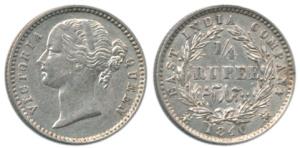 Victoria Queen, Silver ¼ Rupee, 1840, divided legend, WW raised, 10 Berries and cross bar 