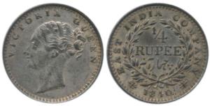Victoria Queen, Silver ¼ Rupee, 1840, Madras Mint, continuous legend, English Head, 20 Ber