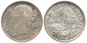 Victoria Queen, Silver ¼ Rupee, 1840, divided legend, WW raised, 10 Berries and cross bar 
