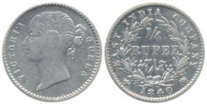 Victoria Queen, Silver ¼ Rupee, 1840, divided legend, WW raised, 10 Berries and cross bar 