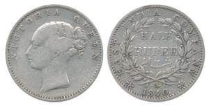 Victoria Queen, Silver ½ Rupee, 1840, continuous legend, English Head, 19 Berries. Fine+.