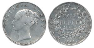 Victoria Queen, Silver ½ Rupee, 1840, continuous legend, English Head, 19 Berries. Fine+.