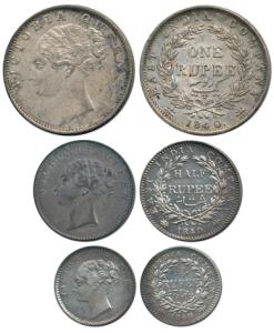 Victoria Queen, Silver Rupee, ½ and 1/4, 1840, continuous legend. Extremely Fine to Very F