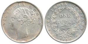 Victoria Queen, Silver Rupee, 1840, Calcutta Mint, continuous legend, Indian Head, rev. 35