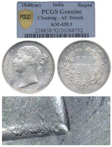 Victoria Queen, Silver Rupee, 1840, divided legend, WWBO raised on truncation, rev. 28 Ber