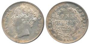 Victoria Queen, Silver Rupee, 1840, divided legend, 28 Berries. About Extremely Fine.