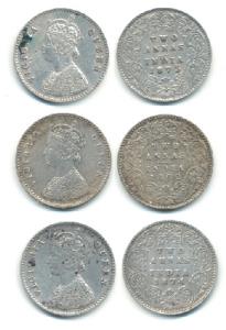Victoria Queen, Silver 2 Annas, 1862, Calcutta Mint, A / I, 1874 and 1875, Bombay Mint, A 