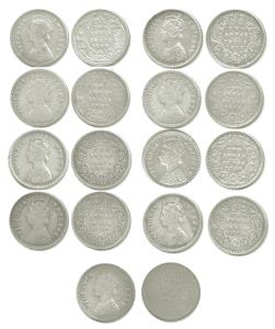 Victoria Queen and Empress, Silver 2 Annas (9), 9 different dates 1862, 1874, 1877, 1886, 