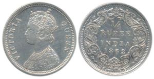 Victoria Queen, Silver ¼ Rupee, 1862, Bombay Mint, A / I. About Uncirculated.