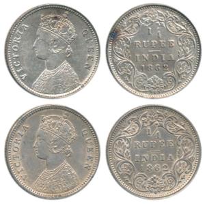 Victoria Queen, Silver ¼ Rupee, 1862, Calcutta mint, A / I. Very Fine+ to About Extremely 
