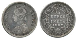 Victoria Queen, Silver ¼ Rupee, Error, 1862, Madras Mint, A / I, error in the word Victori